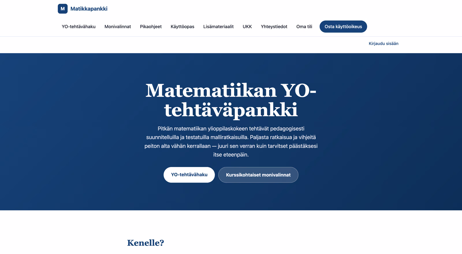 Matikkapankki.fi — YO-matematiikan tehtäväpankki tilauspalveluna